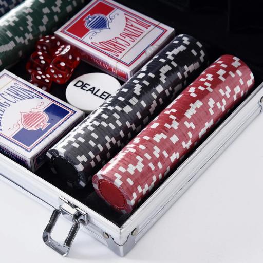 Maletín de Poker Profesional de Aluminio con 200 Fichas Juego Set de Poker Casino con 5 Dados 2 Barajas de Cartas y 1 Ficha de Crupier 29,5x20,5x6,5 cm Multicolor [7]
