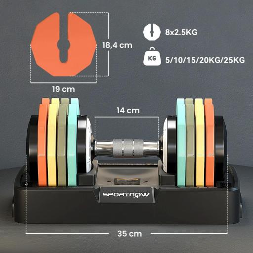 Mancuerna Ajustable 5 en 1 de 5 a 25 kg con Base de Almacenamiento y Mango Antideslizante para Casa Gimnasio Multicolor [1]