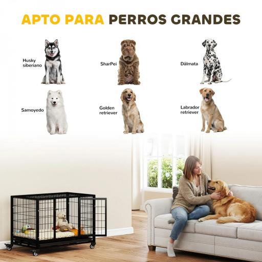 Jaula de Metal para Perros con Ruedas y Frenos Bandeja Extraíble y Puerta con Pestillo para Golden Retriver Labrador 92x62x75 cm Negro [5]