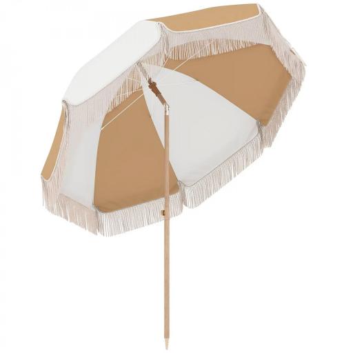 Sombrilla de Playa con Flecos Ø175 cm Sombrilla de Terraza Exterior con Altura Ajustable Inclinación 30° Blanco y Beige [8]