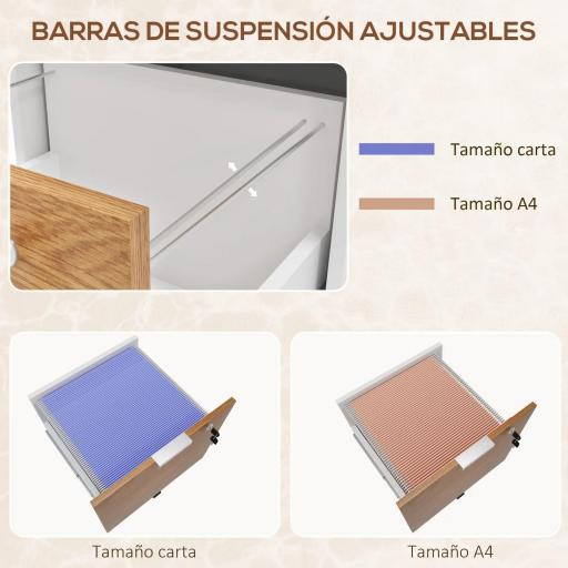 Mueble Archivador con Ruedas 2 Cajones Barra Colgante para Carpetas A4 y Carta Cerradura 42x40x60 cm Blanco y Natural [3]
