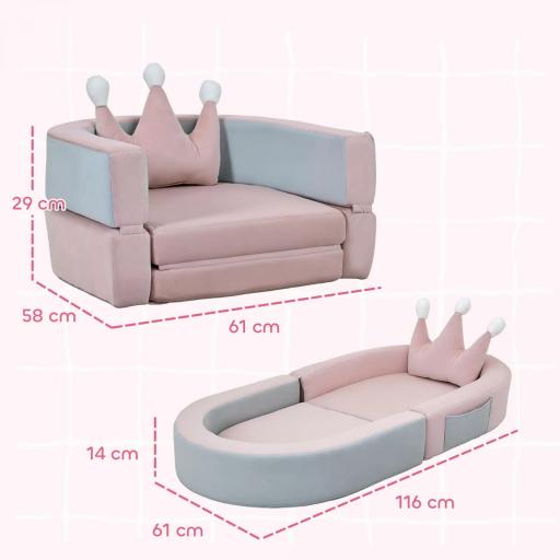 Sofá Infantil Convertible en Cama y Zona de Juego con Cojín de Corona 116x61x14 cm Rosa y Azul Grisáceo [1]