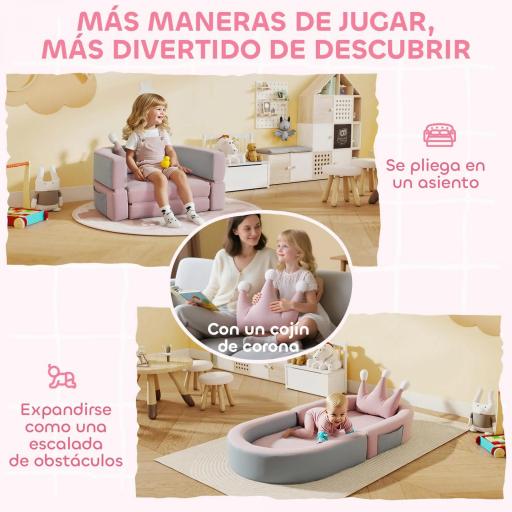 Sofá Infantil Convertible en Cama y Zona de Juego con Cojín de Corona 116x61x14 cm Rosa y Azul Grisáceo [4]