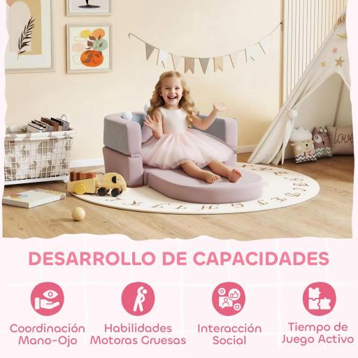 Sofá Infantil Convertible en Cama y Zona de Juego con Cojín de Corona 116x61x14 cm Rosa y Azul Grisáceo [6]