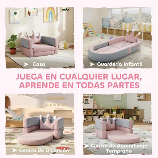 Sofá Infantil Convertible en Cama y Zona de Juego con Cojín de Corona 116x61x14 cm Rosa y Azul Grisáceo [5]