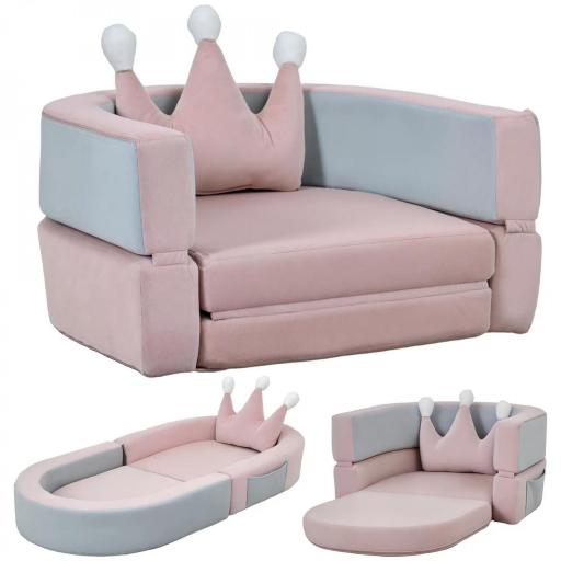 Sofá Infantil Convertible en Cama y Zona de Juego con Cojín de Corona 116x61x14 cm Rosa y Azul Grisáceo [10]