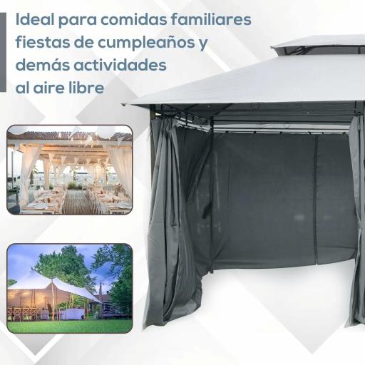 Gazebo de Exterior 3x4 m con Paredes Laterales Doble Techo 6 Puertas con Cremallera y 8 Orificios de Drenaje Gris [3]
