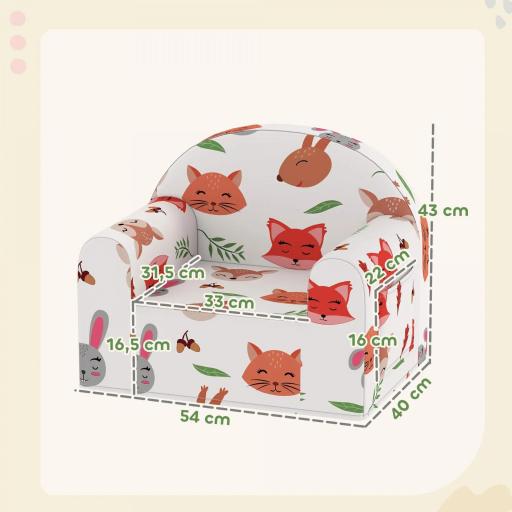 Sillón Infantil con Estampado de Zorros Sofá para Niños de 18-36 Meses con Funda Extraíble y Bolsillo 54x40x43 cm Blanco [1]