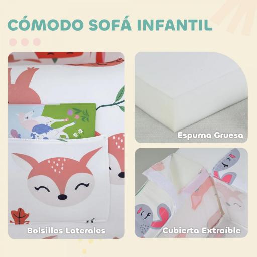 Sillón Infantil con Estampado de Zorros Sofá para Niños de 18-36 Meses con Funda Extraíble y Bolsillo 54x40x43 cm Blanco [4]