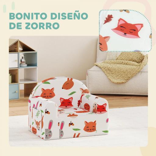 Sillón Infantil con Estampado de Zorros Sofá para Niños de 18-36 Meses con Funda Extraíble y Bolsillo 54x40x43 cm Blanco [3]