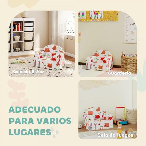 Sillón Infantil con Estampado de Zorros Sofá para Niños de 18-36 Meses con Funda Extraíble y Bolsillo 54x40x43 cm Blanco [2]