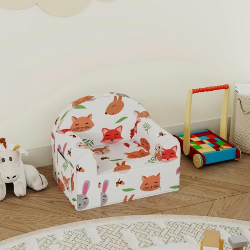 Sillón Infantil con Estampado de Zorros Sofá para Niños de 18-36 Meses con Funda Extraíble y Bolsillo 54x40x43 cm Blanco [7]