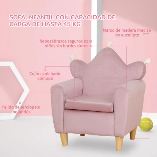 Sillón Infantil Mini Sofá para Niños de +3 Años con Asiento Acolchado y Reposabrazos 50x42x58 cm Rosa [6]