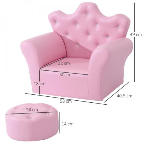 Sofá para Niños con Reposapiés Sillón Infantil Decorativo con Respaldo Alto en Forma de Corona y Reposabrazos Acolchado 58x40,5x49 cm Rosa [1]