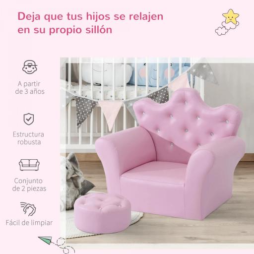 Sofá para Niños con Reposapiés Sillón Infantil Decorativo con Respaldo Alto en Forma de Corona y Reposabrazos Acolchado 58x40,5x49 cm Rosa [5]