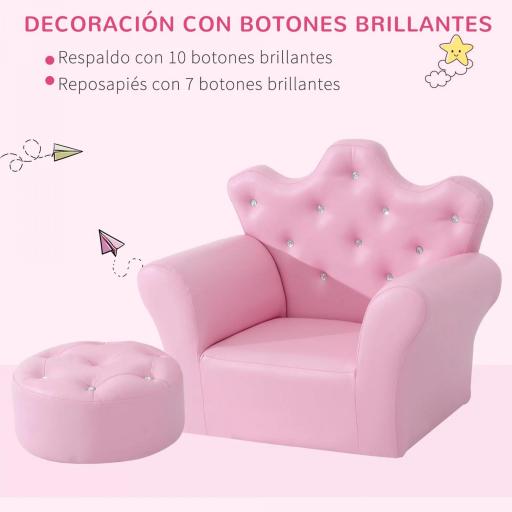Sofá para Niños con Reposapiés Sillón Infantil Decorativo con Respaldo Alto en Forma de Corona y Reposabrazos Acolchado 58x40,5x49 cm Rosa [4]