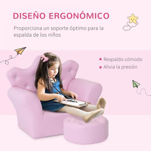 Sofá para Niños con Reposapiés Sillón Infantil Decorativo con Respaldo Alto en Forma de Corona y Reposabrazos Acolchado 58x40,5x49 cm Rosa [10]