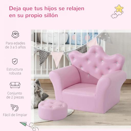 Sofá para Niños con Reposapiés Sillón Infantil Decorativo con Respaldo Alto en Forma de Corona y Reposabrazos Acolchado 58x40,5x49 cm Rosa [8]