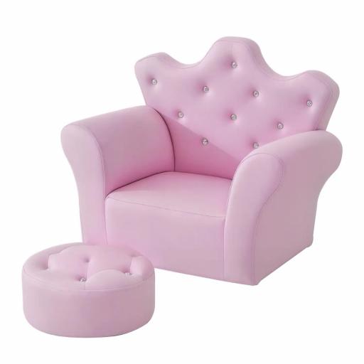 Sofá para Niños con Reposapiés Sillón Infantil Decorativo con Respaldo Alto en Forma de Corona y Reposabrazos Acolchado 58x40,5x49 cm Rosa [6]
