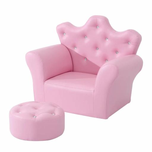 Sofá para Niños con Reposapiés Sillón Infantil Decorativo con Respaldo Alto en Forma de Corona y Reposabrazos Acolchado 58x40,5x49 cm Rosa [2]