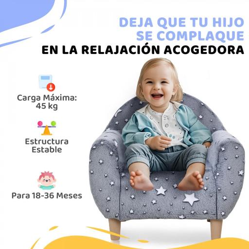 Sofá Infantil con Diseño de Estrellas que Brillan en la Oscuridad Tejido Suave de Terciopelo 55x40x55 cm Gris [3]