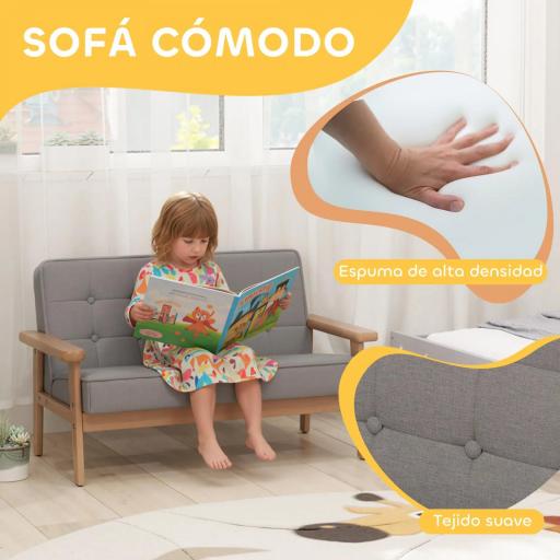 Sofá para Niños de 2 Plazas Sillón Infantil de Felpa Suave Estructura de Madera para Niños de +3 Años Gris [3]