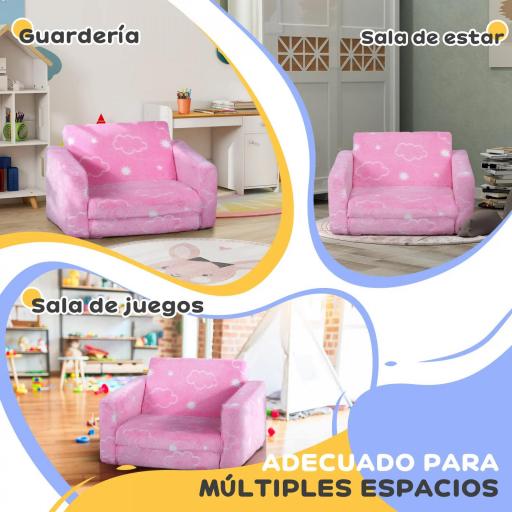 Sofá Infantil Plegable 2 en 1 Tapizado de Tela Luminosa con Patrón de Nubes Cojín y Funda Lavables Rosa [4]