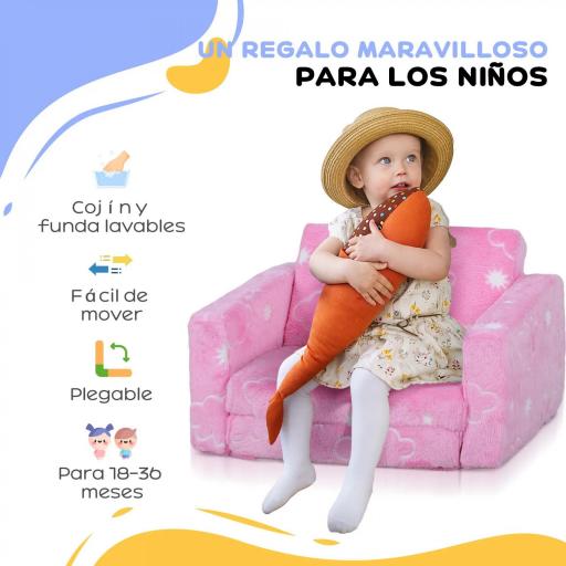 Sofá Infantil Plegable 2 en 1 Tapizado de Tela Luminosa con Patrón de Nubes Cojín y Funda Lavables Rosa [3]