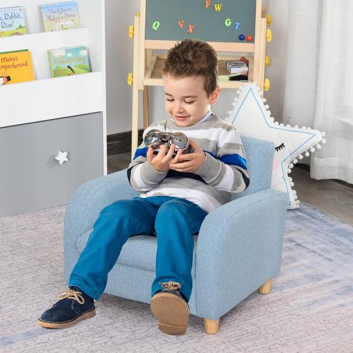 Sillón Infantil Mini Sofá para Niños de +3 Años con Asiento Acolchado Reposabrazos y Estructura de Madera Carga Máx. de 65 kg 49x45x44 cm Azul
