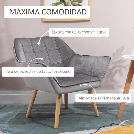 Butaca de Salón Moderna Tapizado en Terciopelo con Asiento Ancho Patas de Madera Sillón Relax para Sala de Estar Gris [2]