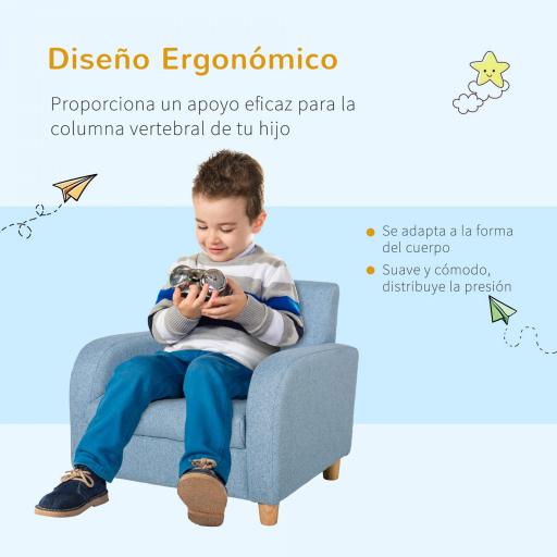 Sillón Infantil Mini Sofá para Niños de +3 Años con Asiento Acolchado Reposabrazos y Estructura de Madera Carga Máx. de 65 kg 49x45x44 cm Azul [3]