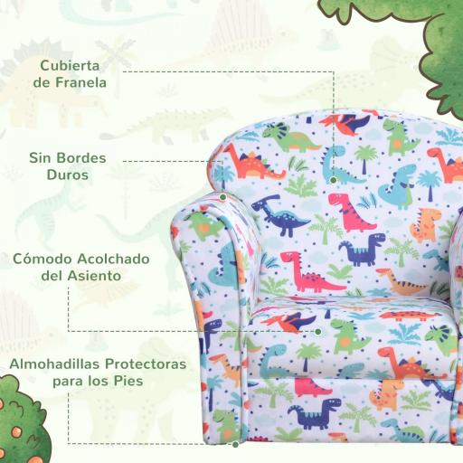 Sillón Infantil para +18 Meses con Estampado de Dinosaurios Acolchado de Espuma y Franela 50x39x44 cm Multicolor [4]