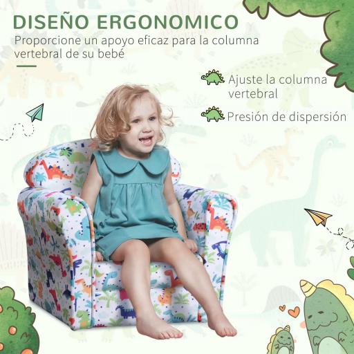 Sillón Infantil para +18 Meses con Estampado de Dinosaurios Acolchado de Espuma y Franela 50x39x44 cm Multicolor [3]