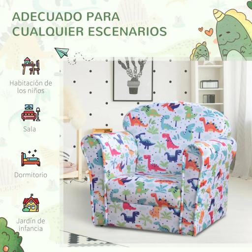 Sillón Infantil para +18 Meses con Estampado de Dinosaurios Acolchado de Espuma y Franela 50x39x44 cm Multicolor [5]