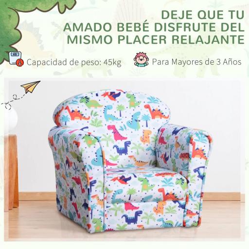 Sillón Infantil para +18 Meses con Estampado de Dinosaurios Acolchado de Espuma y Franela 50x39x44 cm Multicolor [2]