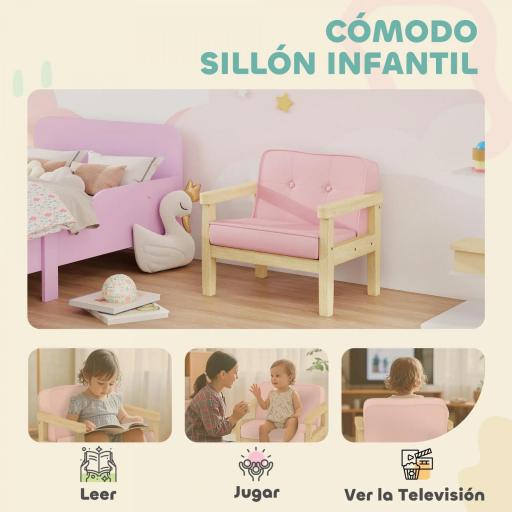 Sillón Infantil con Tejido Suave de Pana y Estructura de Madera Asiento y Respaldo Acolchado 46,5x44x45 cm Rosa [4]