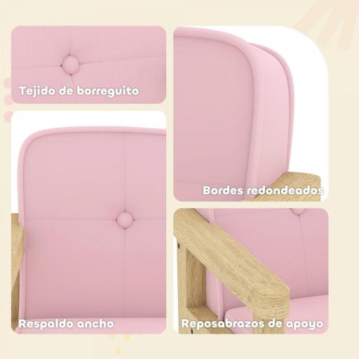 Sillón Infantil con Tejido Suave de Pana y Estructura de Madera Asiento y Respaldo Acolchado 46,5x44x45 cm Rosa [2]