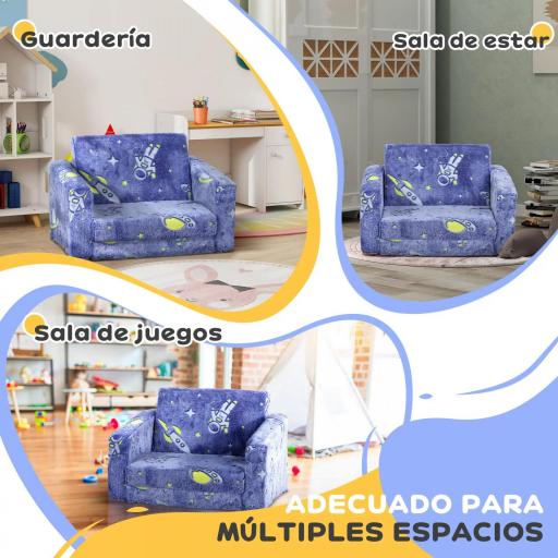 Sofá Infantil Plegable 2 en 1 Tapizado de Tela Luminosa con Patrón Cósmico Cojín y Funda Lavables Azul [5]