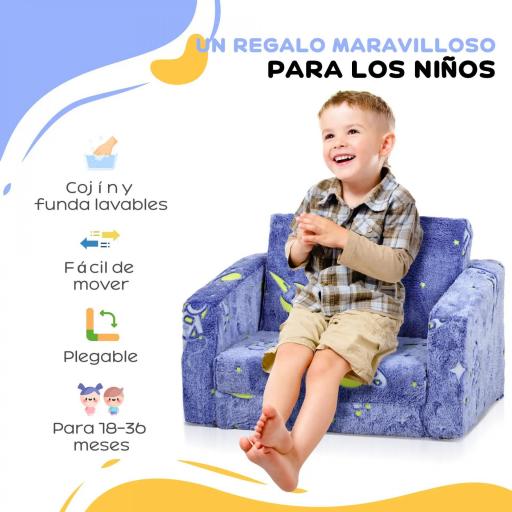 Sofá Infantil Plegable 2 en 1 Tapizado de Tela Luminosa con Patrón Cósmico Cojín y Funda Lavables Azul [3]