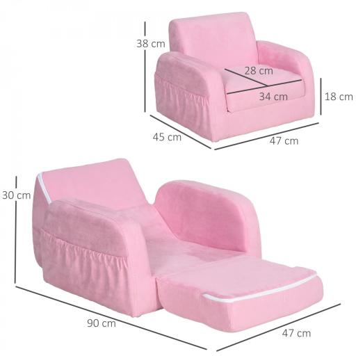 Sillón para Niños de 3 Años Sofá Transformable Diseño 2 en 1 Cama Infantil Plegable de 2 Posiciones con Reposabrazos Asiento Ancho Acolchado 47x45x38 cm Rosa [1]