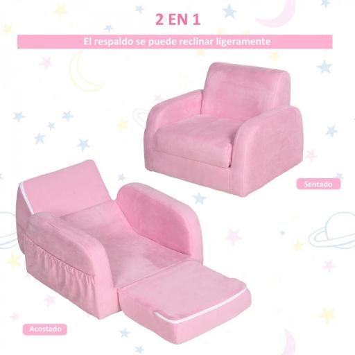 Sillón para Niños de 3 Años Sofá Transformable Diseño 2 en 1 Cama Infantil Plegable de 2 Posiciones con Reposabrazos Asiento Ancho Acolchado 47x45x38 cm Rosa [4]