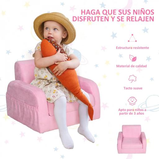 Sillón para Niños de 3 Años Sofá Transformable Diseño 2 en 1 Cama Infantil Plegable de 2 Posiciones con Reposabrazos Asiento Ancho Acolchado 47x45x38 cm Rosa [2]