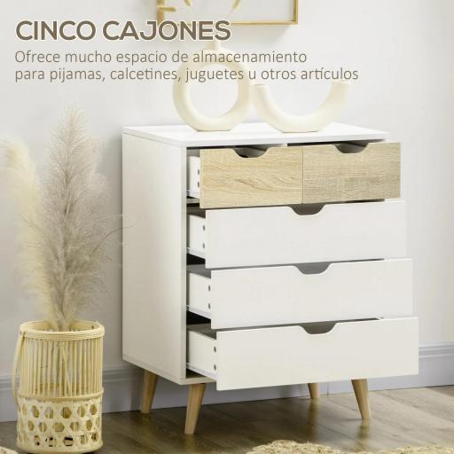 Cómoda con 5 Cajones Cajonera para Dormitorio Salón Estudio Estilo Moderno 60x40x77,5 cm Natural y Blanco [3]