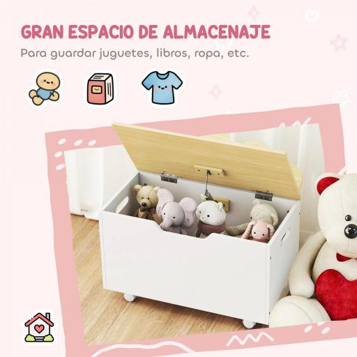 Baúl Juguetes Infantil con Ruedas Tapa Abatible con Bisagra de Seguridad Diseño de Nube Blanco y Natural [5]