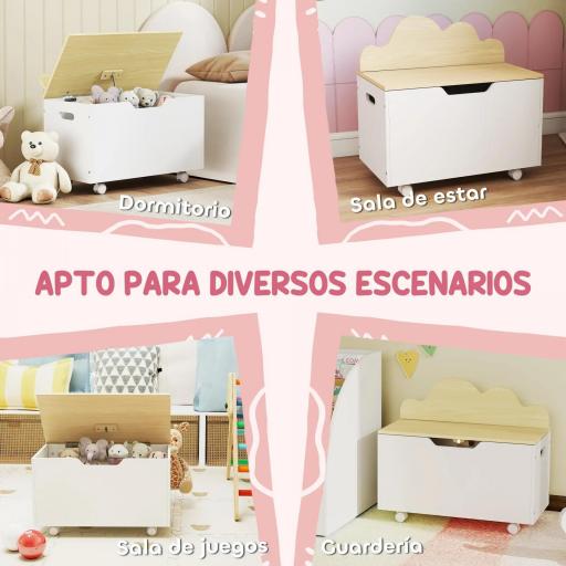 Baúl Juguetes Infantil con Ruedas Tapa Abatible con Bisagra de Seguridad Diseño de Nube Blanco y Natural [7]
