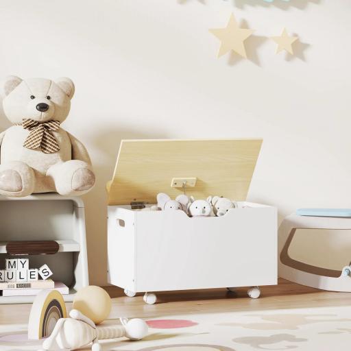 Baúl Juguetes Infantil con Ruedas Tapa Abatible con Bisagra de Seguridad Diseño de Nube Blanco y Natural [4]