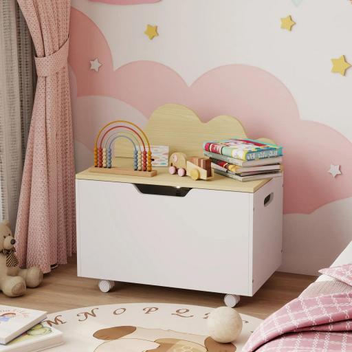 Baúl Juguetes Infantil con Ruedas Tapa Abatible con Bisagra de Seguridad Diseño de Nube Blanco y Natural [6]