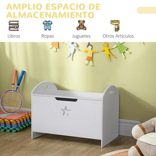 Baúl Infantil de Almacenaje Organizador de Juguetes con Tapa de Seguridad y Amplio Espacio 62x40x46,5 cm Blanco [5]