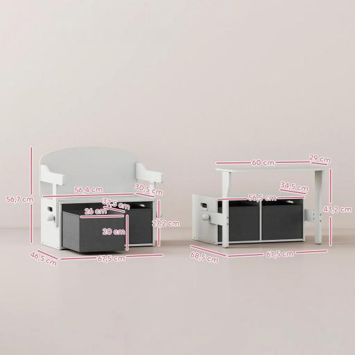 Banco Infantil Convertible 3 en 1 Juego de Mesa y Silla Baúl de Juguetes con Cubos de Tela Extraíbles Blanco [4]