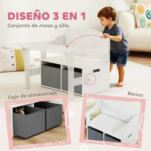 Banco Infantil Convertible 3 en 1 Juego de Mesa y Silla Baúl de Juguetes con Cubos de Tela Extraíbles Blanco [1]